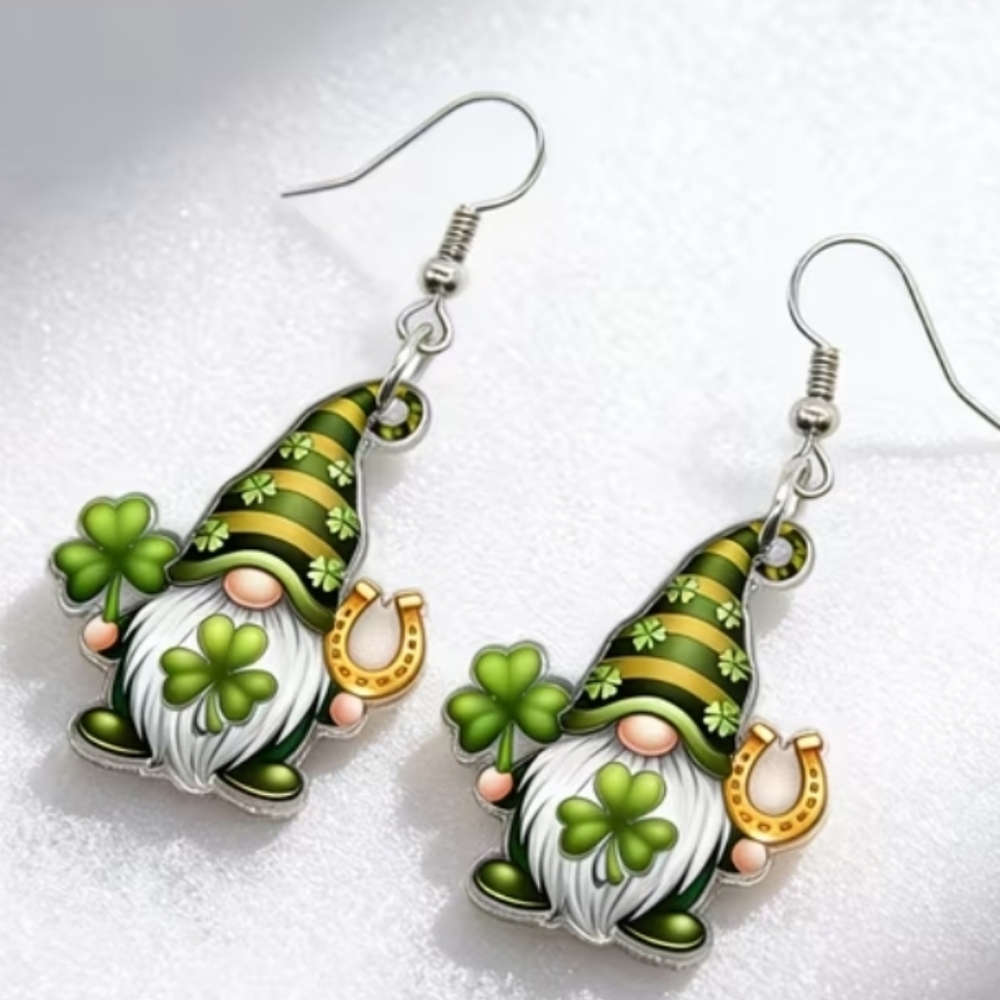 St. Patrick’s Day Gnome Dangle  Shamrock & Horseshoe Acrylic Earrings